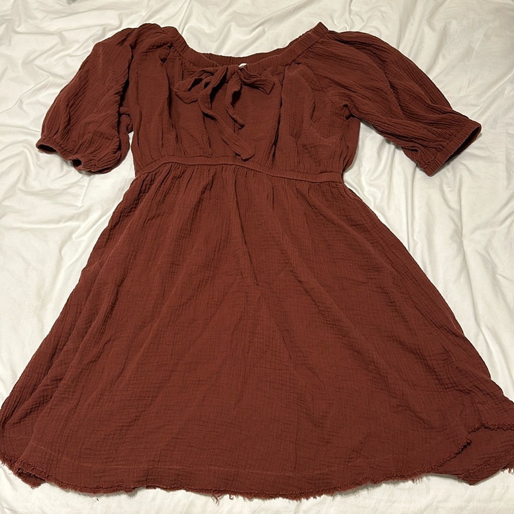 New linen distressed hem balloon sleeve dress